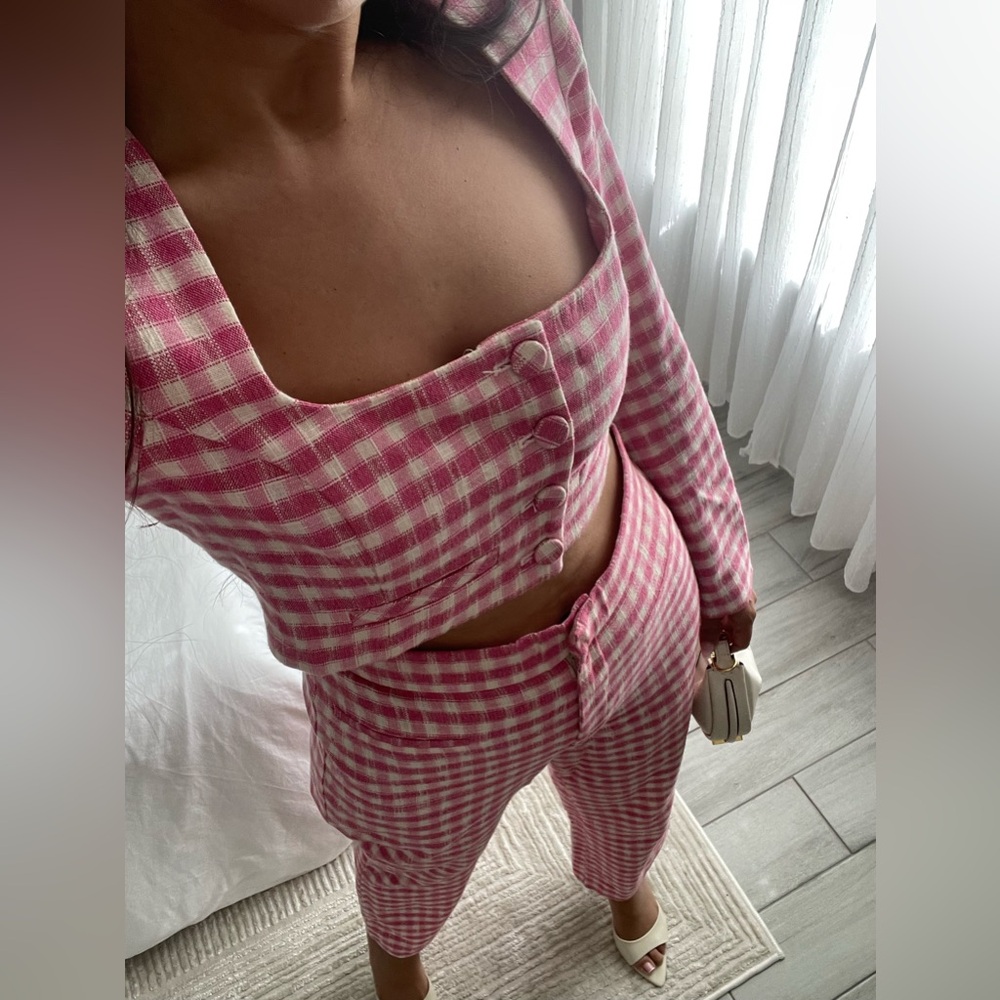 ZARA Pink & Cream Gingham Two-Piece Pantsuit Set Crop Top Wide Leg Pants S/M - Picture 5 of 5